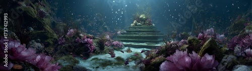 Mysterious underwater scene ocean depths hdr panoramic view serene environment dreamlike concept