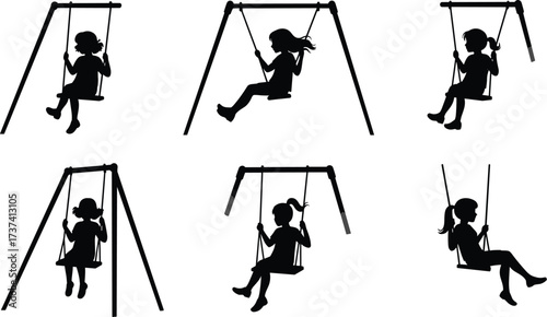 Little girl playing, Silhouette on white, Child on swing, Multiple girl silhouettes, Kids playing outside, Witch on swing, Tree silhouette swing, Playtime activity .
