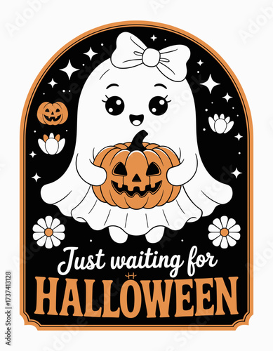 Adorable kawaii ghost holding a jack o'lantern eagerly anticipating the spooky Halloween festivities with stars and flowers