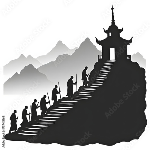 Journey to Enlightenment: A silhouette of monks ascends a steep staircase towards a temple, set against a backdrop of misty mountains, creating a serene atmosphere.