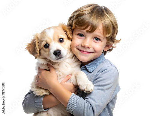 Little Boy Embracing Cute Puppy with Affection, Transparent Background