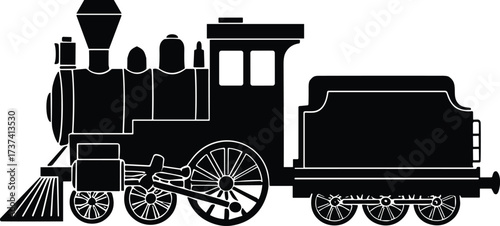 Flat vector, silhouette steam locomotive, vintage train engine, tender car, black and white design, historical railroad icon, clean background
