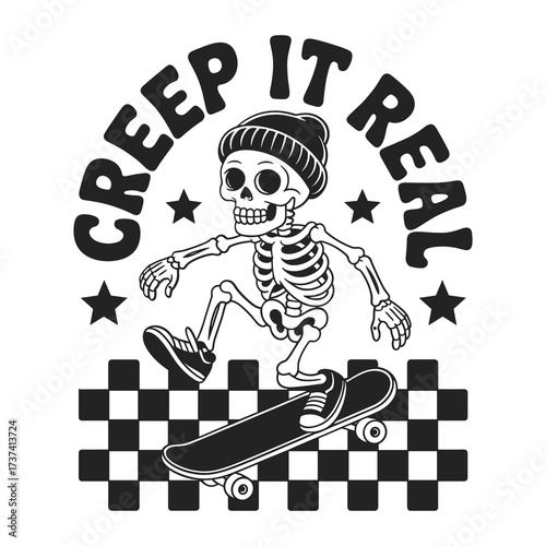 Cool skeleton skater with beanie and stars rides a skateboard, embracing the "Creep It Real" vibe for edgy lifestyle and Halloween themes.