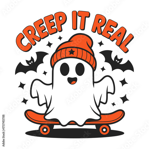 Spooky cool ghost shreds on skateboard with bats and stars, ready for Halloween fun and festive vibes
