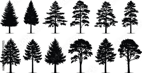 Tree silhouette vector set with diverse branching styles, conifer and deciduous forms, nature icons, forest design elements, and botanical shapes