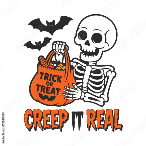 Spooky skeleton character joyfully holding a trick or treat bag full of candy with bats flying above, perfect for Halloween celebrations and festive designs.
