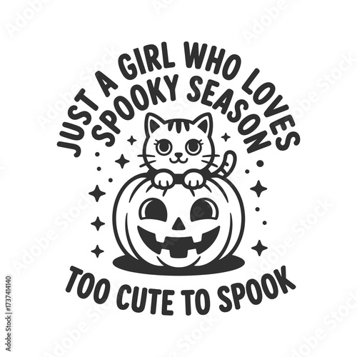 Adorable kitten peeking from a smiling jack-o'-lantern, declaring love for spooky season, perfect for Halloween enthusiasts and cute graphic designs.