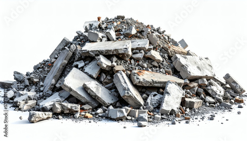 Large pile of rubble with broken concrete pieces of various sizes, ideal for construction debris, demolition material, recycling, and industrial waste background photography