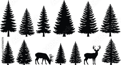 Wildlife forest silhouette with pine trees and deer in black vector style for nature, outdoor design, woodland scene, and animal themes