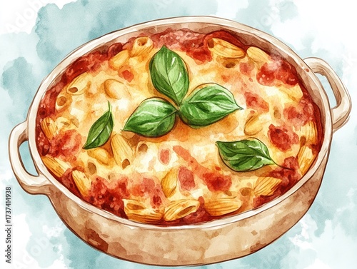 Watercolor illustration of baked pasta in a beige dish topped with cheese tomato sauce and fresh basil leaves