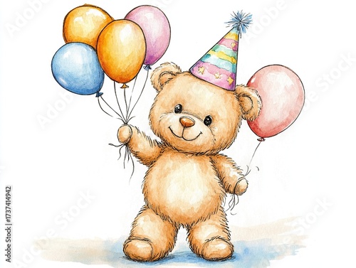 Cartoon teddy bear wearing party hat and holding colorful balloons illustrated against a white background