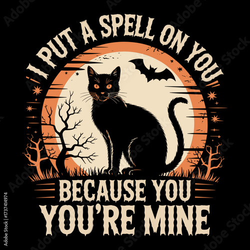 Mysterious black cat under moonlit sky casting a spell, perfect for Halloween designs and spooky celebrations
