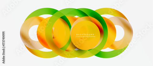 Abstract colorful circles overlap. Gradient shades transition from green to yellow, orange. Modern design element for backgrounds.