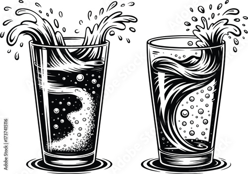 Water Splash Glass Vector, Refreshing Drink Illustration Black and White Line Art.