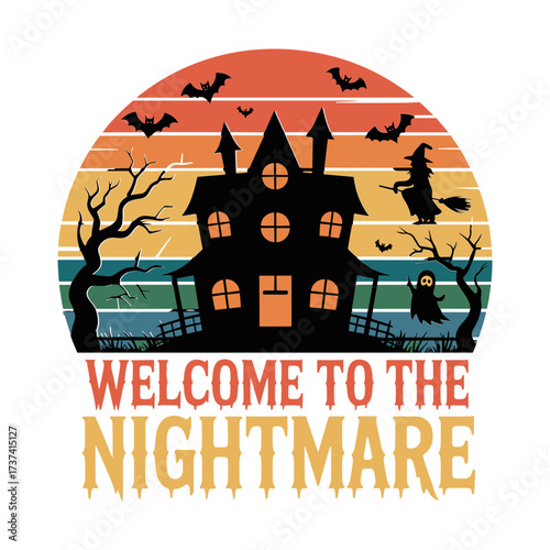 Spooky haunted house with flying bats, a witch, and a ghost welcomes you to a Halloween nightmare