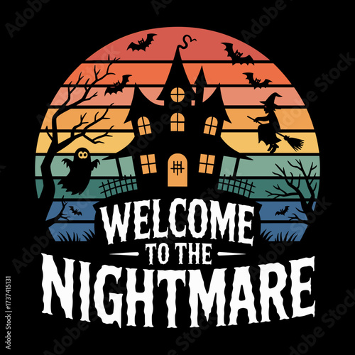 Spooky haunted house welcomes you to the nightmare with bats, ghosts, and a witch flying across a vibrant sunset