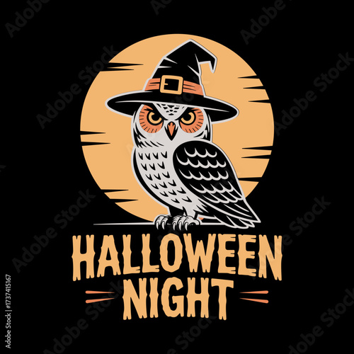 Whimsical owl in witch hat under autumn moon announces Halloween night festivities, perfect for spooky season celebrations