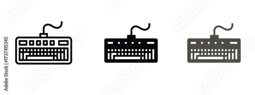 Computer Keyboard Vector Icon Set. Three styles (outline, solid, and flat design) representing a standard QWERTY keyboard, perfect for IT, programming, office technology, and hardware concepts.