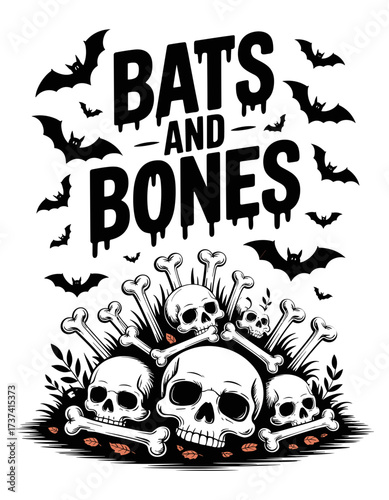 Spooky Halloween bats and bones design with dripping text, perfect for festive decorations and apparel