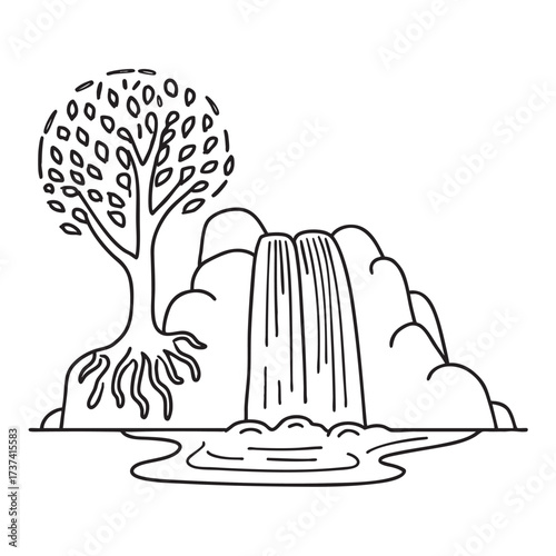 A waterfall near a tree with exposed roots gripping the soil