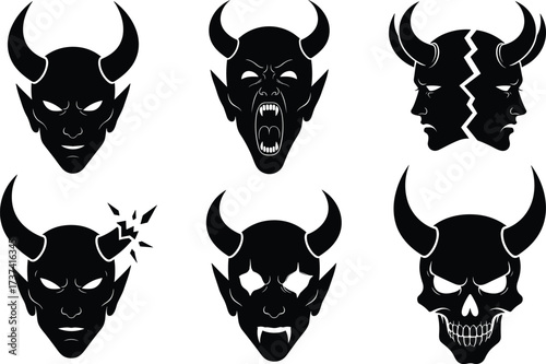 Horned demon heads and devil faces vector set with gothic monster skulls, spooky evil horror illustration, Halloween dark fantasy design.
