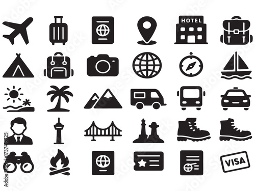 Adventure Travel & Tourism Icon Set – Flight, Map and Vacation Symbols