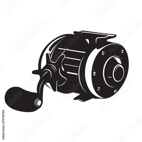 black and white silhouette of a fishing reel vector on a white background