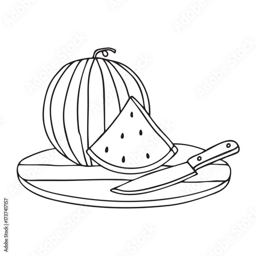 A watermelon placed beside a knife on a round wooden board