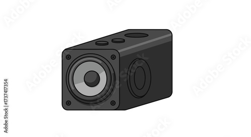 Stylized black rectangular audio speaker with a large grey woofer and top control indentations.