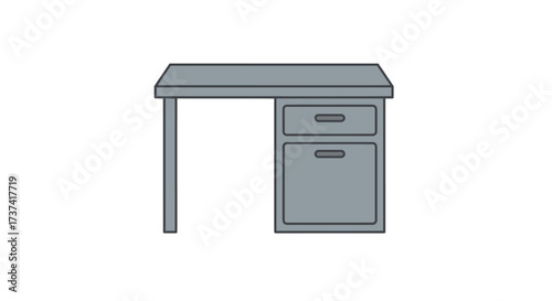Simple grey office desk illustration with two drawers and single leg, flat design style