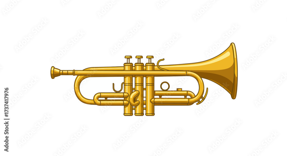 Fototapeta premium Vibrant golden brass trumpet musical instrument, featuring three piston valves, a curved body, and a wide flared bell.