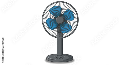 Grey electric table fan with four bright blue blades and a protective grill.