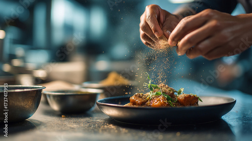 Chef sprinkling seasoning on a plated dish in a commercial kitchen environment setting
