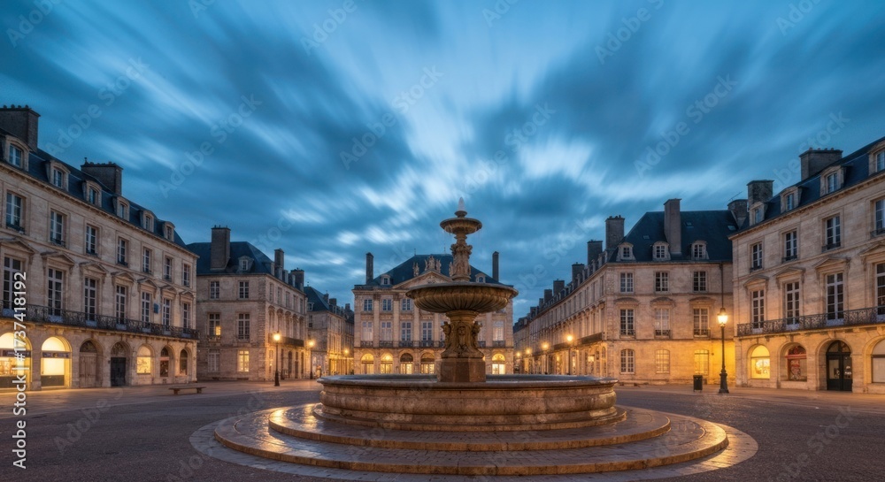 Fototapeta premium Dawn over a European square with fountain