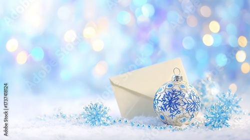 Christmas blue bauble, envelope, snowy scene, bokeh lights, copy space.