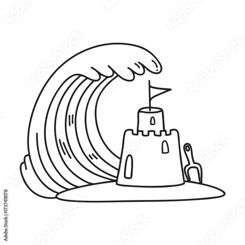 A wave approaching a sandcastle with a plastic shovel nearby