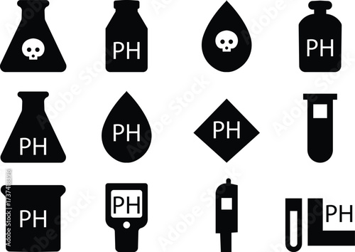 pH Icon set, Acidity, Alkalinity, Chemistry, Science, Test Strips, Water Quality, Laboratory, Measurement, balance and temperature control. and Research Symbols in Modern Vector Style template designs