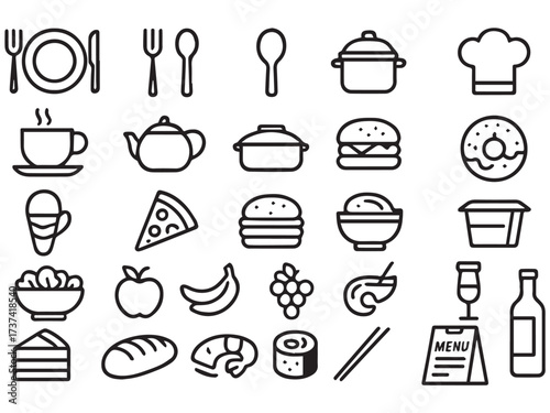Delicious Food & Restaurant Icon Set – Meals, Drinks and Kitchen Symbols
