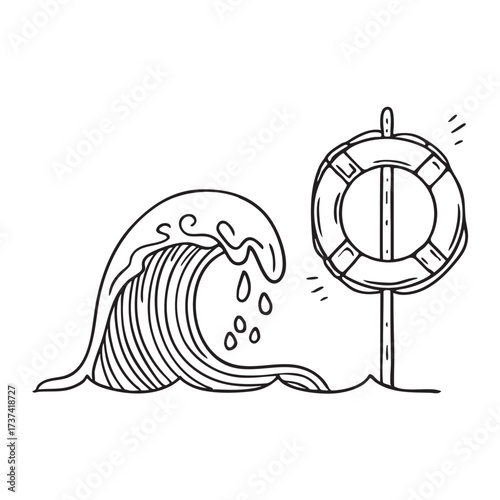 A wave breaking beside a lifebuoy hanging on a post