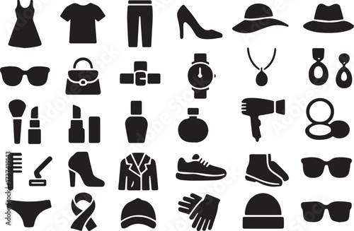 Trendy Fashion & Style Icon Set – Clothing, Accessories and Beauty Symbols