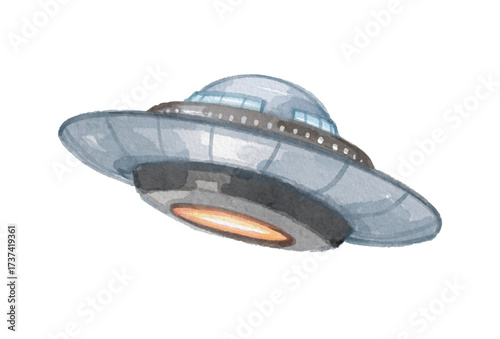 Watercolor ufo alien space ship isolated on white background