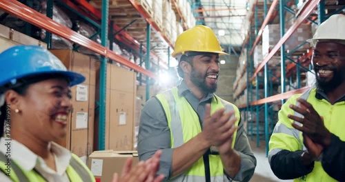 Applause, celebration and huddle with people in warehouse for logistics or supply chain motivation. Clapping, hand stack and success with courier group in factory or plant for delivery team building