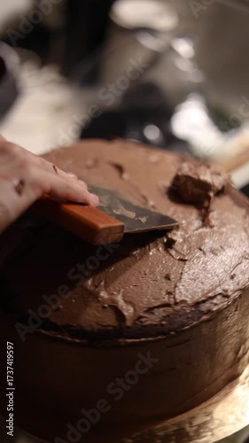 A homemade chocolate cake being frosted with creamy icing on a golden board, as hands use a spatula and scraper to smooth the delicious dessert