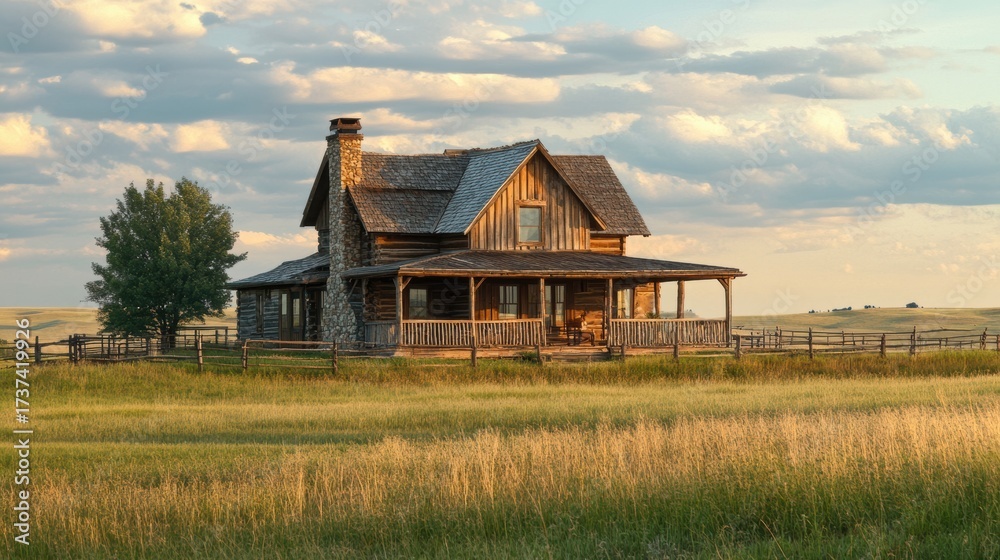 Obraz premium Countryside farmhouse with open land 