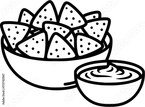 Bowl of tortilla chips and dip vector illustration for snack food and appetizer designs and culinary projects
