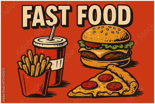 A vintage style of fast food poster with burger and coke