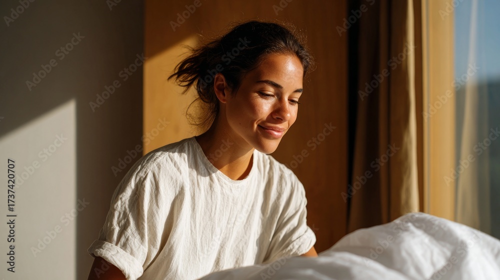 Fototapeta premium Woman in white shirt sitting in bed with window behind her.