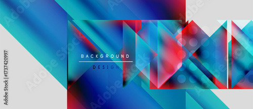 Abstract geometric design. Vibrant blues, reds, whites blend. Modern composition, dynamic shapes create visual interest. Background features text.