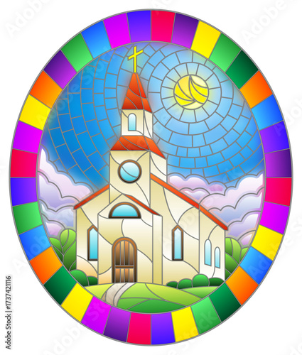 Illustration in stained glass style with Church on the background of summer landscape, a Church on the background of the Sunny sky and green trees, oval image in bright frame
