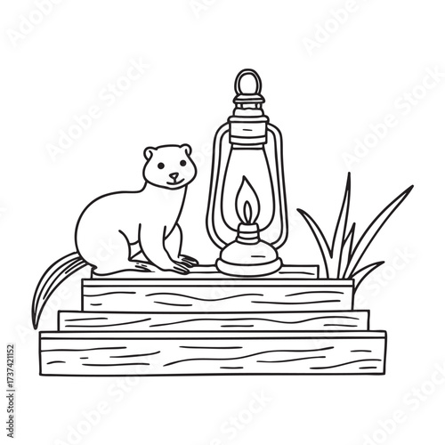 A weasel next to a lantern placed on a wooden step